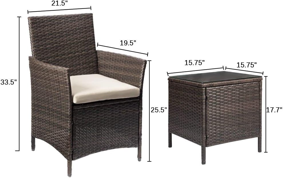 Devoko Patio Porch Furniture Sets 3 Pieces PE Rattan Wicker Chairs with Table Outdoor Garden Furniture Sets (Brown/Beige) - Image 7