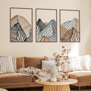 3 Pcs Mountain Metal Wall Art Mountain Line Wall Decor Abstract Minimalist Wall Art Rustic Nature Wall Decor for Home Bathroom Living Room (Vibrant Colors)