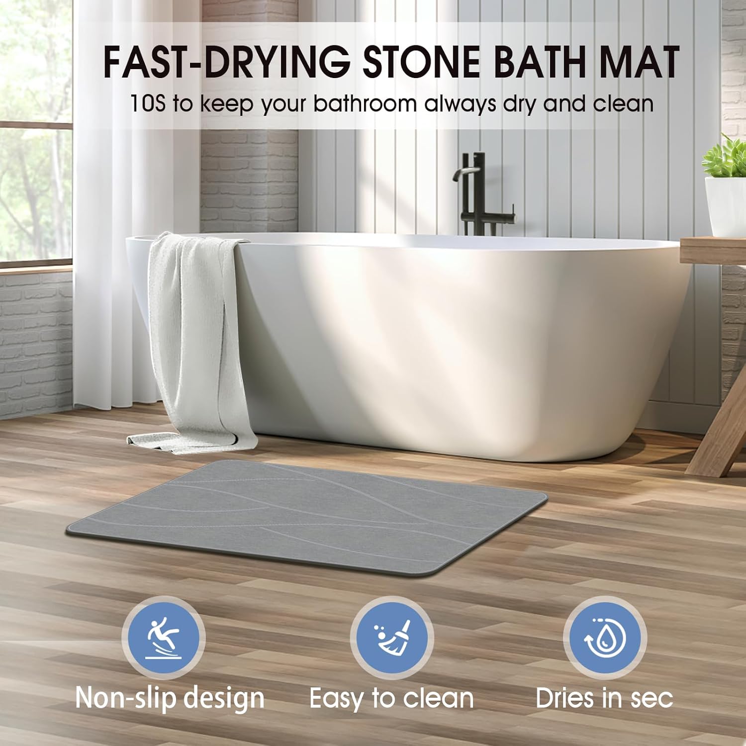 Stone Bath Mat Diatomaceous Earth Bath Mat Non-Slip Super Absorbent Stone Bath Mats for Bathroom Quick Drying Diatomite Stone Shower Mat Large Natural Easy to Clean(23.6×15.4" Gray) - Image 2