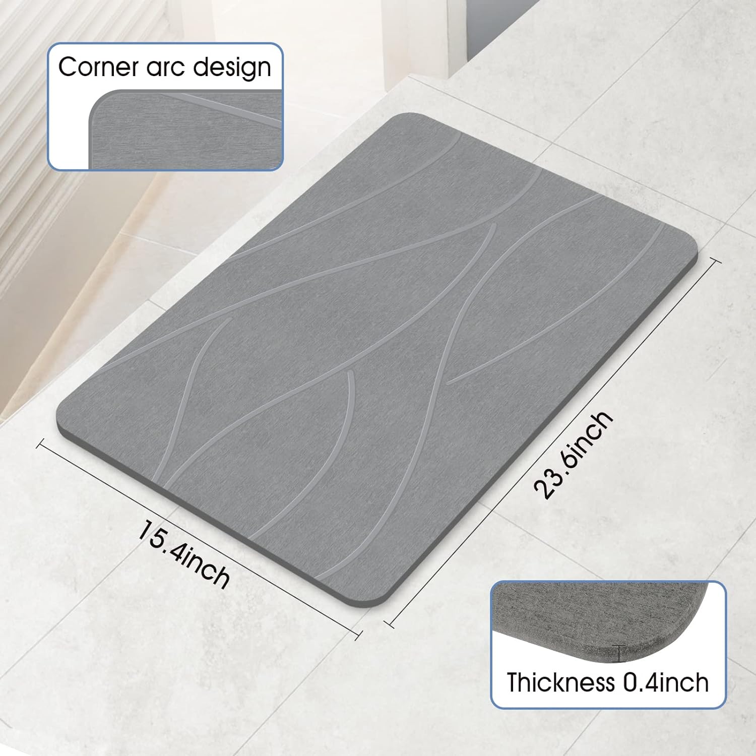 Stone Bath Mat Diatomaceous Earth Bath Mat Non-Slip Super Absorbent Stone Bath Mats for Bathroom Quick Drying Diatomite Stone Shower Mat Large Natural Easy to Clean(23.6×15.4" Gray) - Image 4