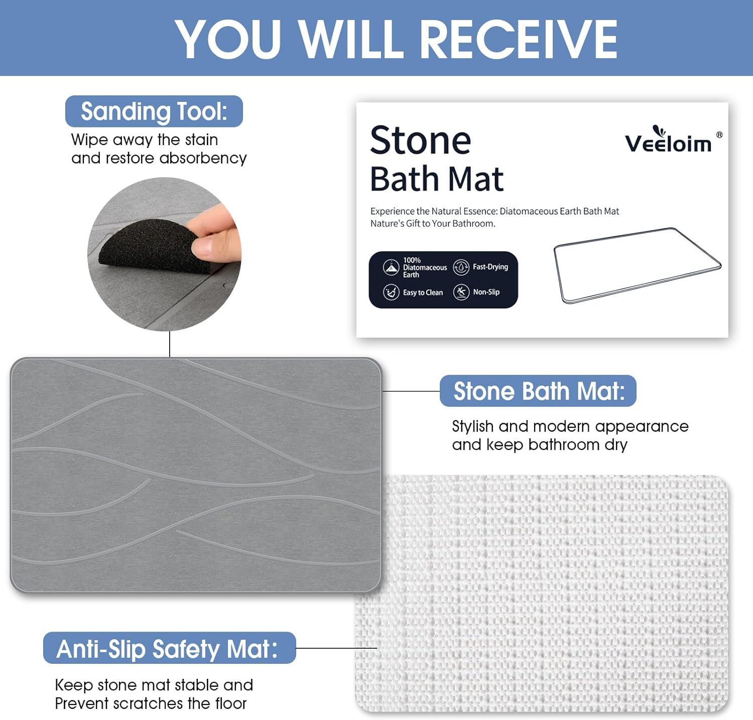 Stone Bath Mat Diatomaceous Earth Bath Mat Non-Slip Super Absorbent Stone Bath Mats for Bathroom Quick Drying Diatomite Stone Shower Mat Large Natural Easy to Clean(23.6×15.4" Gray) - Image 7