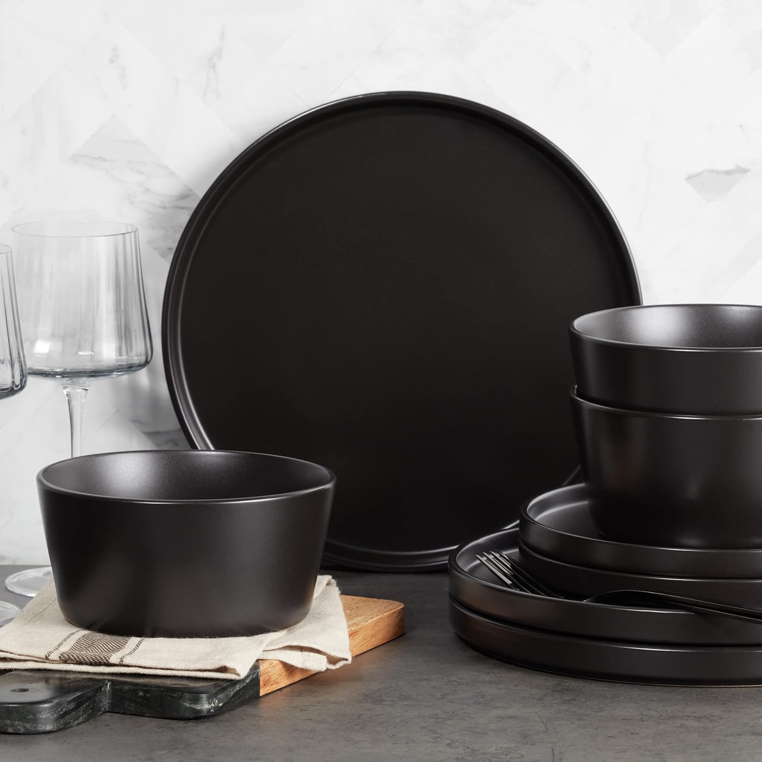 Stone Lain Coupe Dinnerware Set, Service For 4, Black Matte - Image 2
