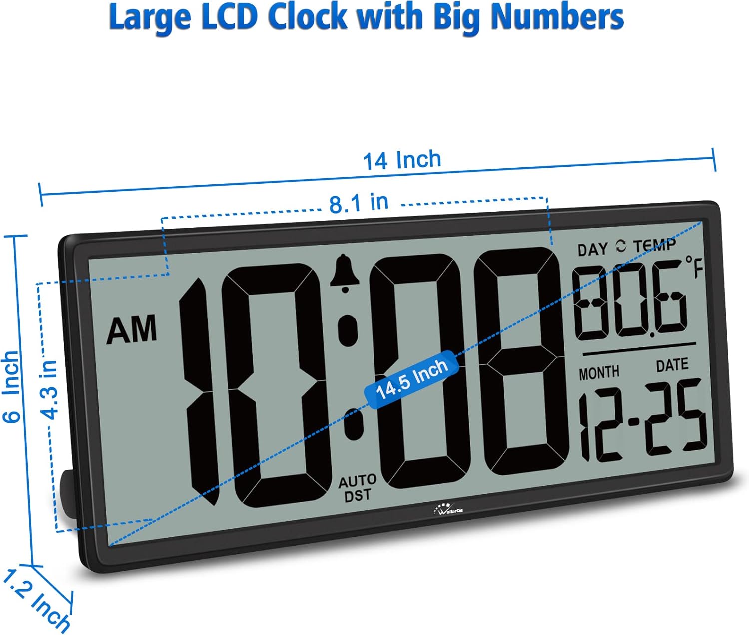 WallarGe 14.5'' Large Digital Wall Clock Battery Operated with Jumbo Numbers, Temperature and Date - Easy to Read and Set, Auto DST - Image 5